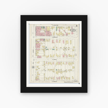 Old map wall art mockup — black gallery frame with white mat — Sanborn Fire Insurance Map from Findlay, Hancock County, Ohio (1890), Sheet #0005