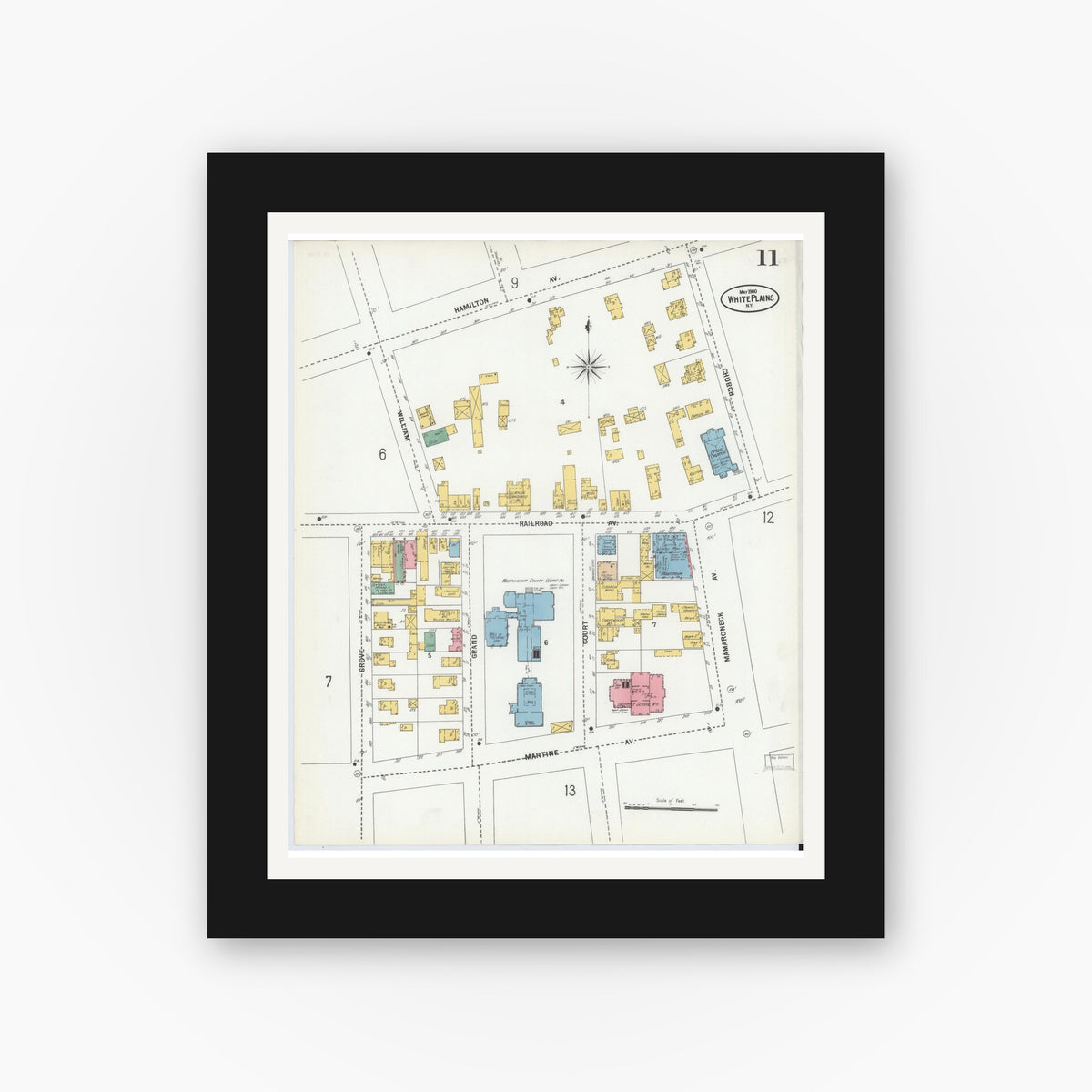 Old map wall art mockup — black gallery frame with white mat — Sanborn Fire Insurance Map from White Plains, Westchester County, New York (1900), Sheet #0011