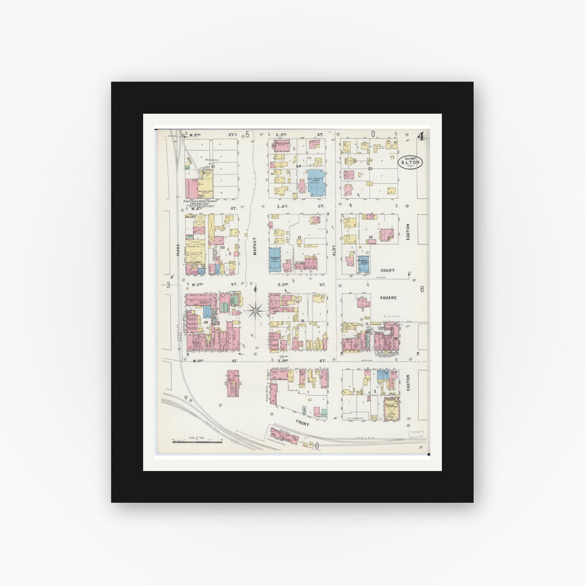 Old map wall art mockup — black gallery frame with white mat — Sanborn Fire Insurance Map from Alton, Madison County, Illinois (1897), Sheet #0004