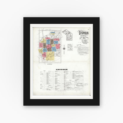 Old map wall art mockup — black gallery frame with white mat — Sanborn Fire Insurance Map from Sturgis, Saint Joseph County, Michigan (1923), Sheet #0001