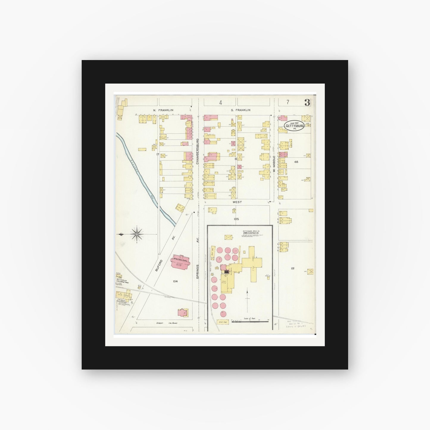 Old map wall art mockup — black gallery frame with white mat — Sanborn Fire Insurance Map from Gettysburg, Adams County, Pennsylvania (1907), Sheet #0003
