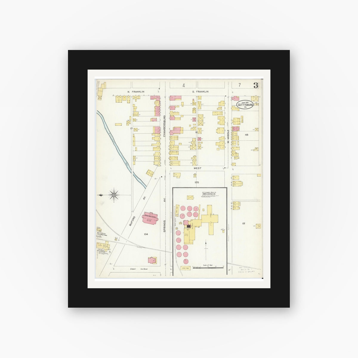 Old map wall art mockup — black gallery frame with white mat — Sanborn Fire Insurance Map from Gettysburg, Adams County, Pennsylvania (1907), Sheet #0003