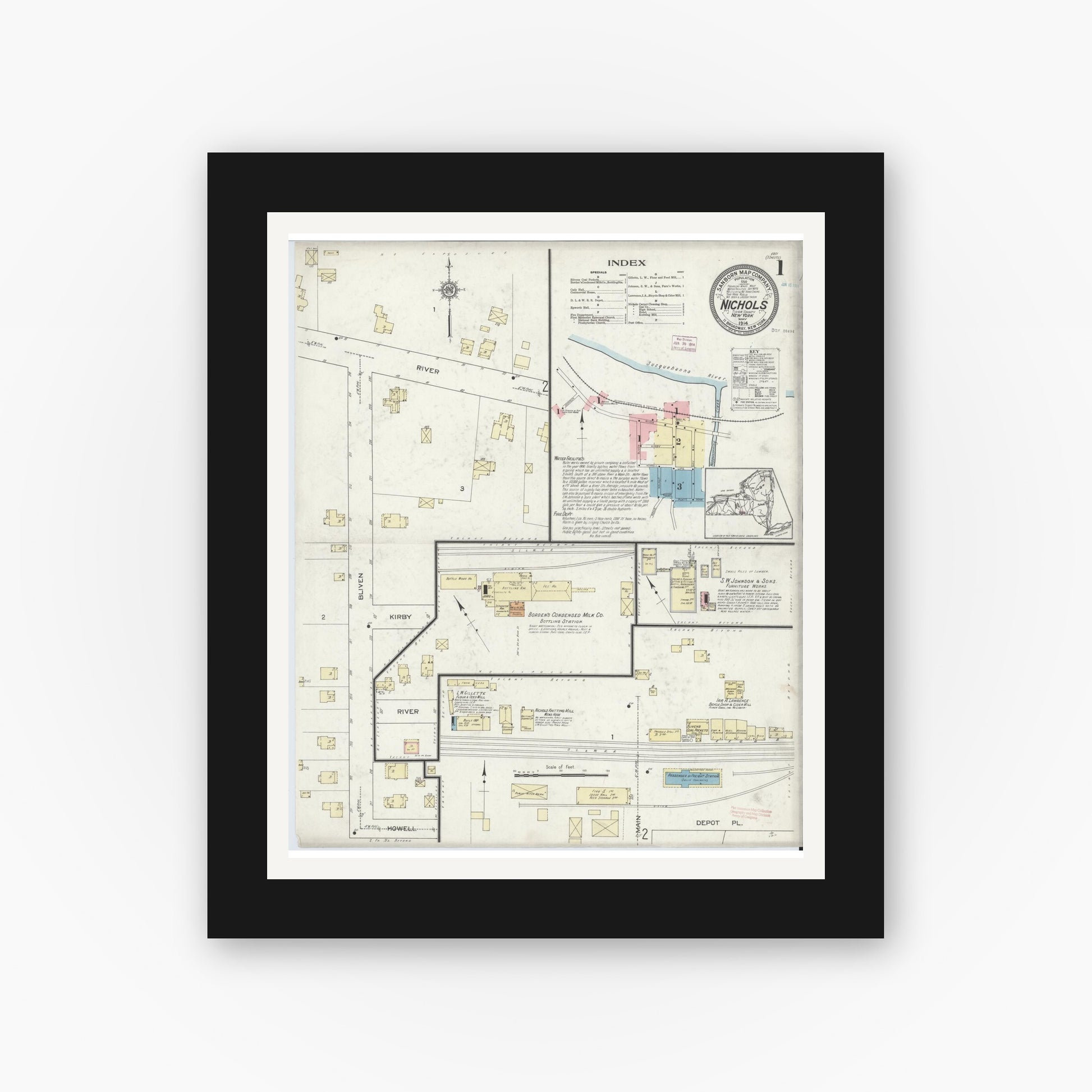 Old map wall art mockup — black gallery frame with white mat — Sanborn Fire Insurance Map from Nichols, Tioga County, New York (1914), Sheet #0001
