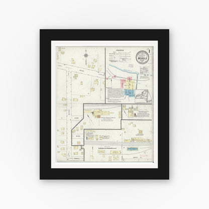 Old map wall art mockup — black gallery frame with white mat — Sanborn Fire Insurance Map from Nichols, Tioga County, New York (1914), Sheet #0001