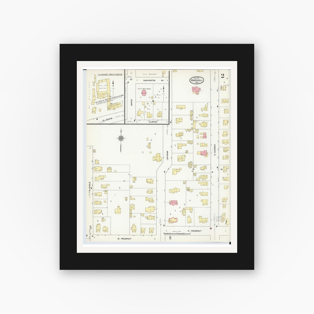 Old map wall art mockup — black gallery frame with white mat — Sanborn Fire Insurance Map from Marshall, Calhoun County, Michigan (1911), Sheet #0002