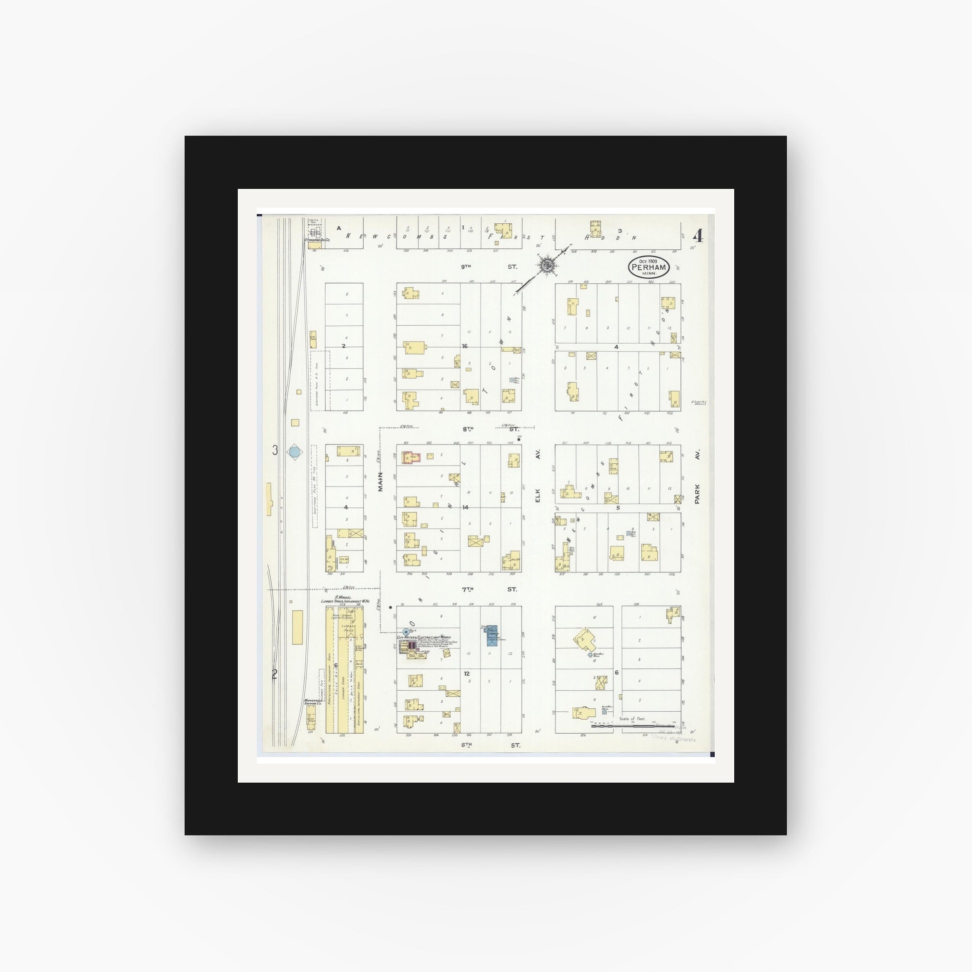 Old map wall art mockup — black gallery frame with white mat — Sanborn Fire Insurance Map from Perham, Otter Tail County, Minnesota (1909), Sheet #0004