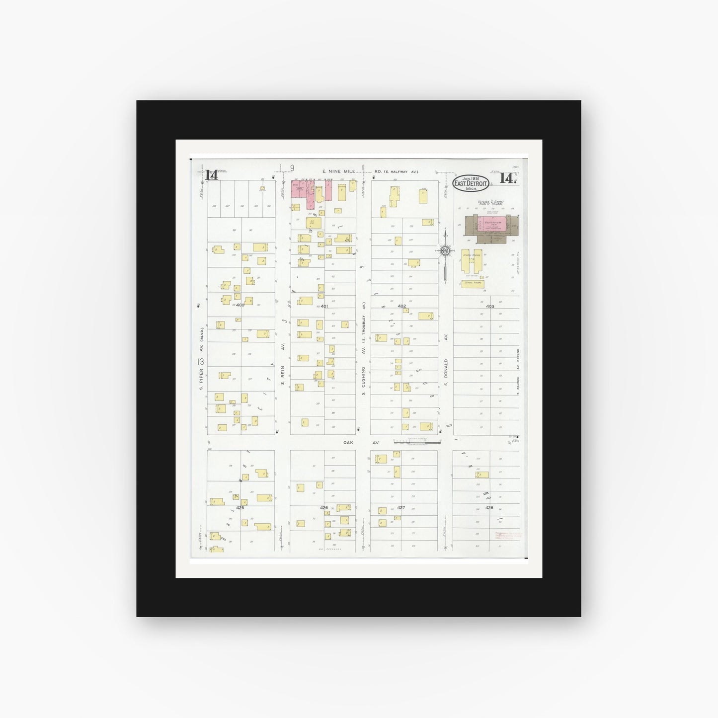 Old map wall art mockup — black gallery frame with white mat — Sanborn Fire Insurance Map from East Detroit, Macomb County, Michigan (1931), Sheet #0014