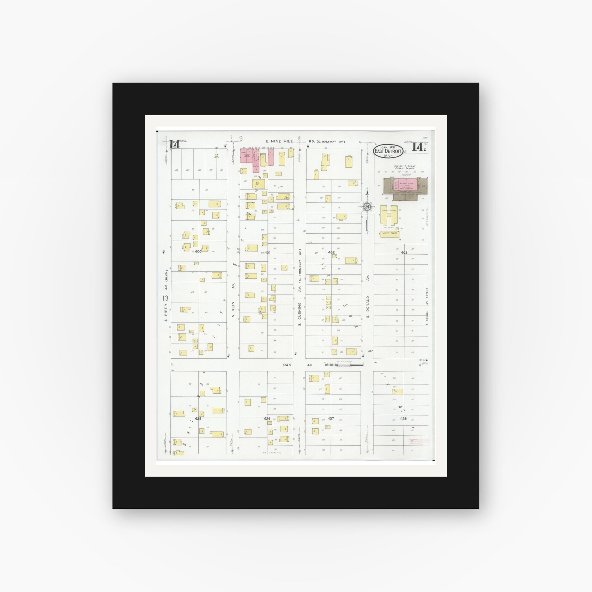 Old map wall art mockup — black gallery frame with white mat — Sanborn Fire Insurance Map from East Detroit, Macomb County, Michigan (1931), Sheet #0014
