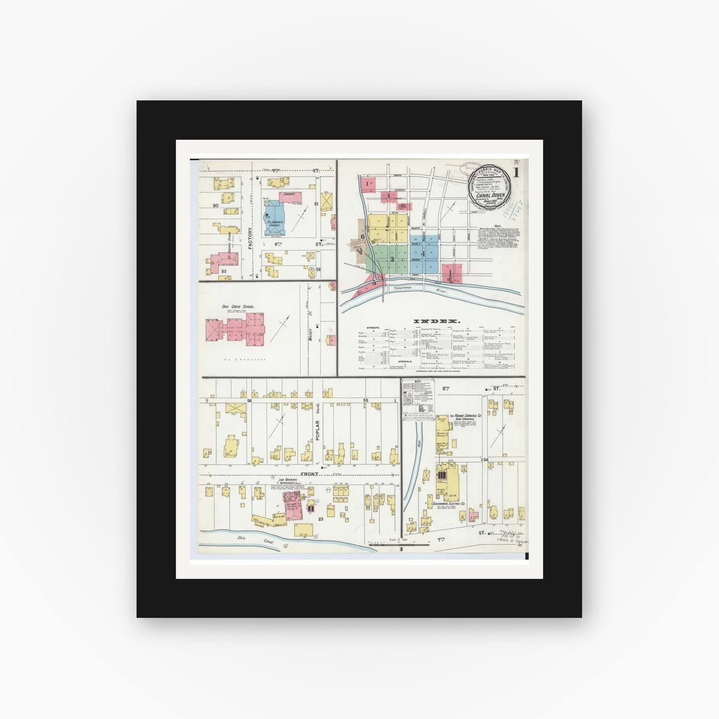 Old map wall art mockup — black gallery frame with white mat — Sanborn Fire Insurance Map from Canal Dover, Tuscarawas County, Ohio (1899) - Complete Map Set