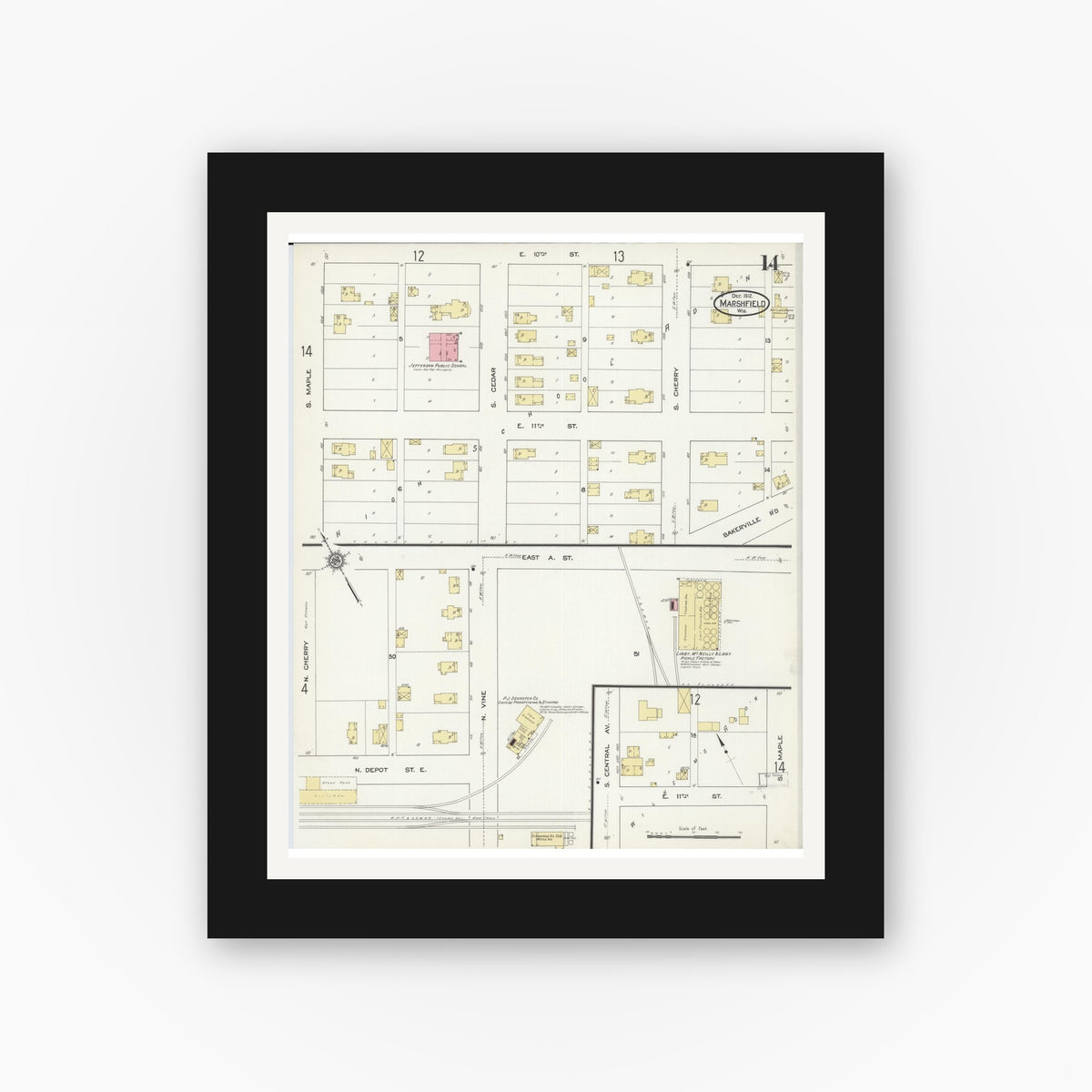 Old map wall art mockup — black gallery frame with white mat — Sanborn Fire Insurance Map from Marshfield, Wood County, Wisconsin (1912), Sheet #0014