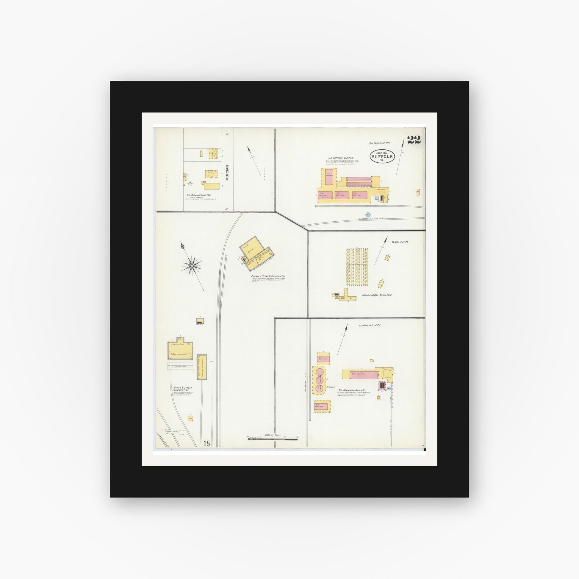Old map wall art mockup — black gallery frame with white mat — Sanborn Fire Insurance Map from Suffolk, Independent Cities, Virginia (1903), Sheet #0022