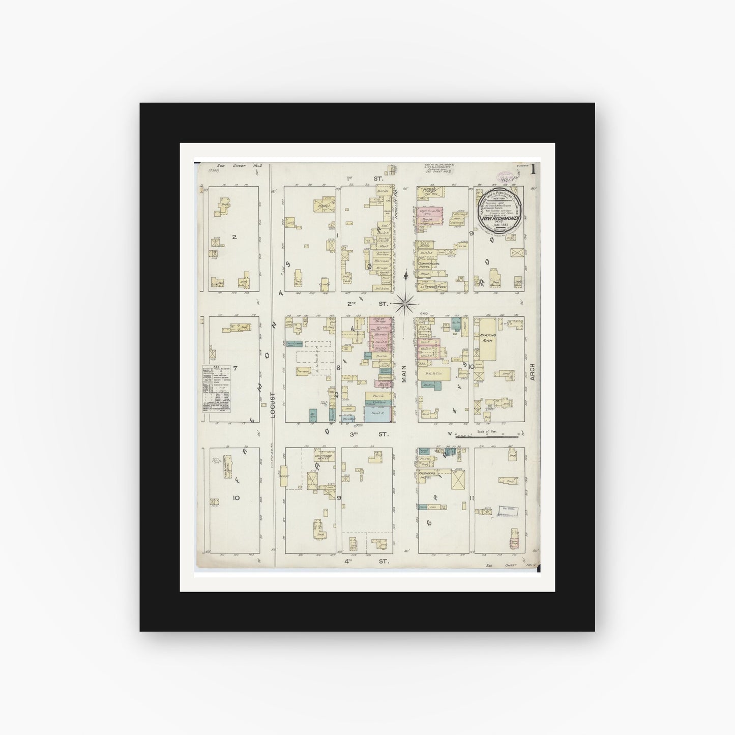 Old map wall art mockup — black gallery frame with white mat — Sanborn Fire Insurance Map from New Richmond, St. Croix County, Wisconsin (1887) - Complete Map Set