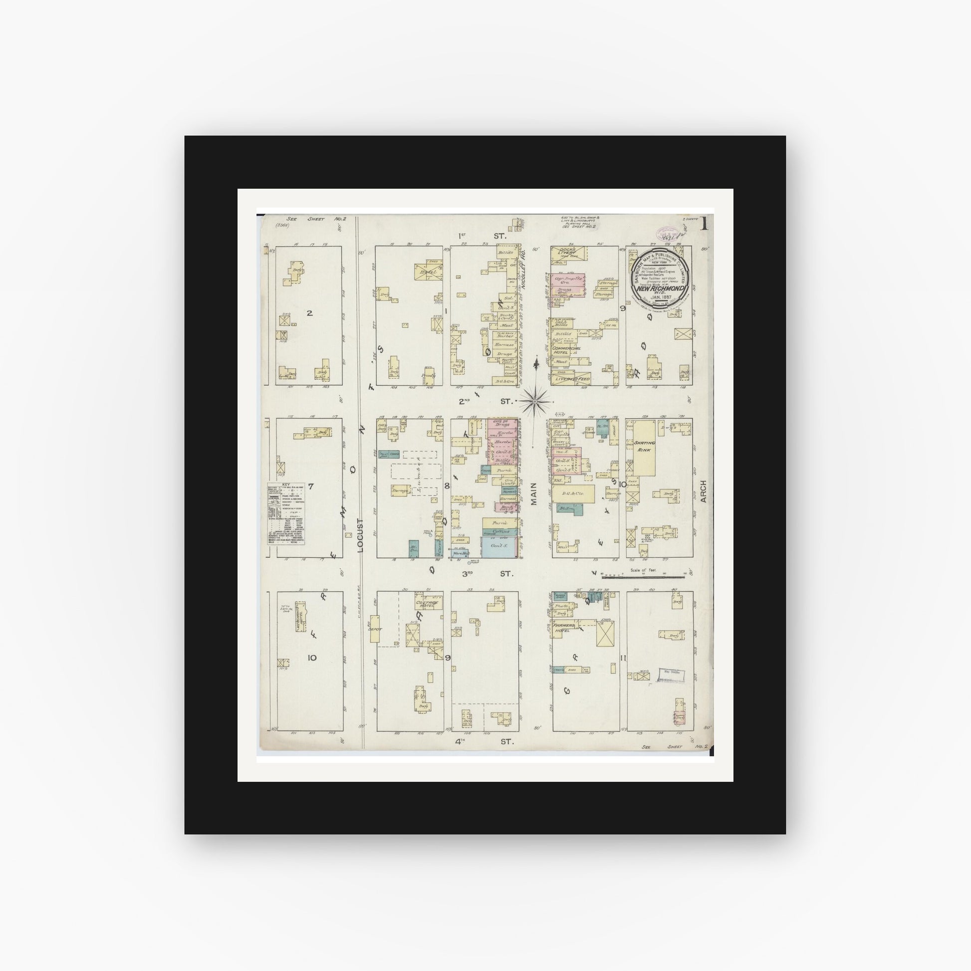 Old map wall art mockup — black gallery frame with white mat — Sanborn Fire Insurance Map from New Richmond, St. Croix County, Wisconsin (1887) - Complete Map Set