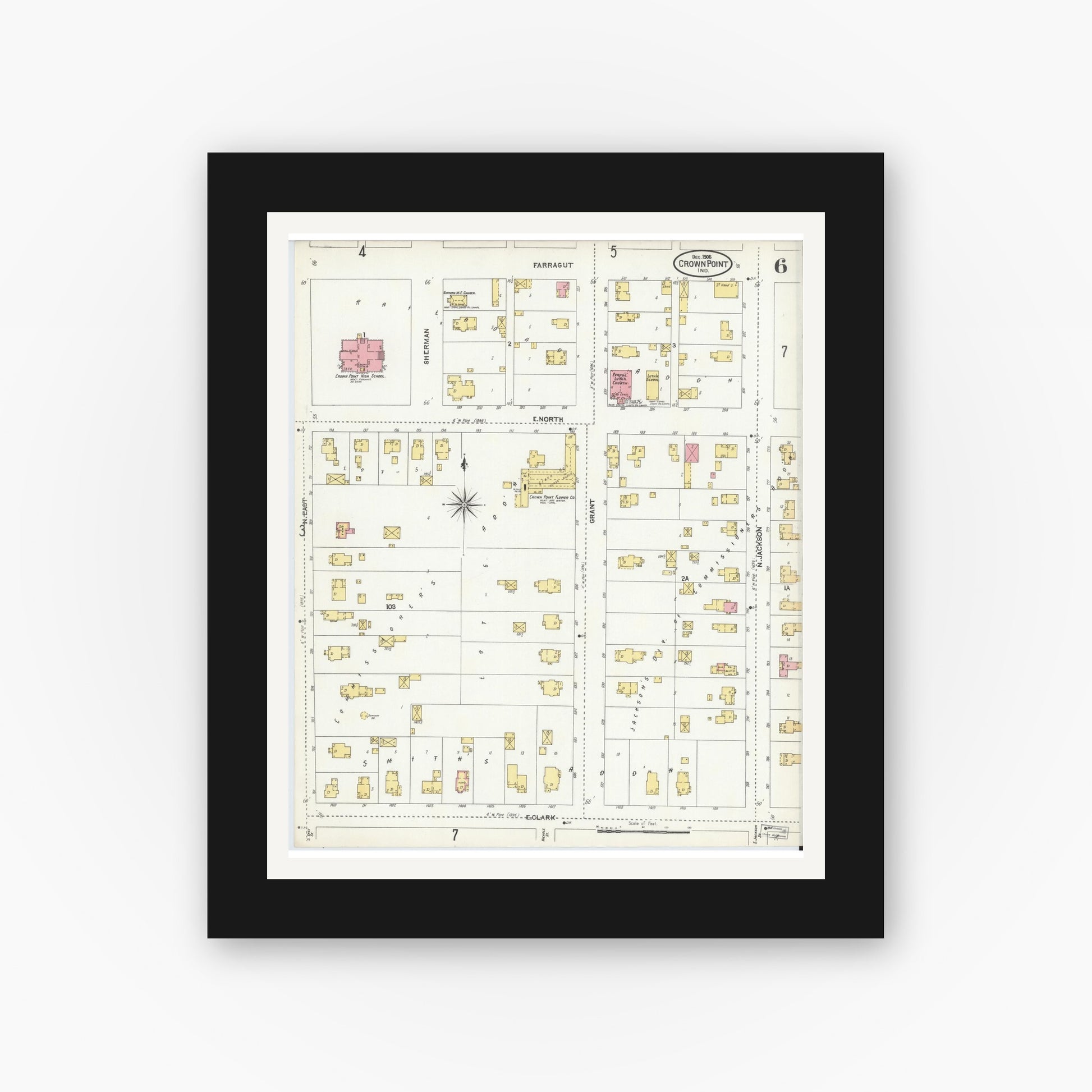 Old map wall art mockup — black gallery frame with white mat — Sanborn Fire Insurance Map from Crown Point, Lake County, Indiana (1905), Sheet #0006