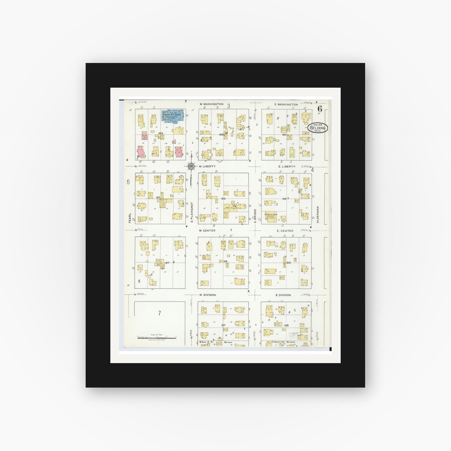 Old map wall art mockup — black gallery frame with white mat — Sanborn Fire Insurance Map from Belding, Ionia County, Michigan (1918), Sheet #0006