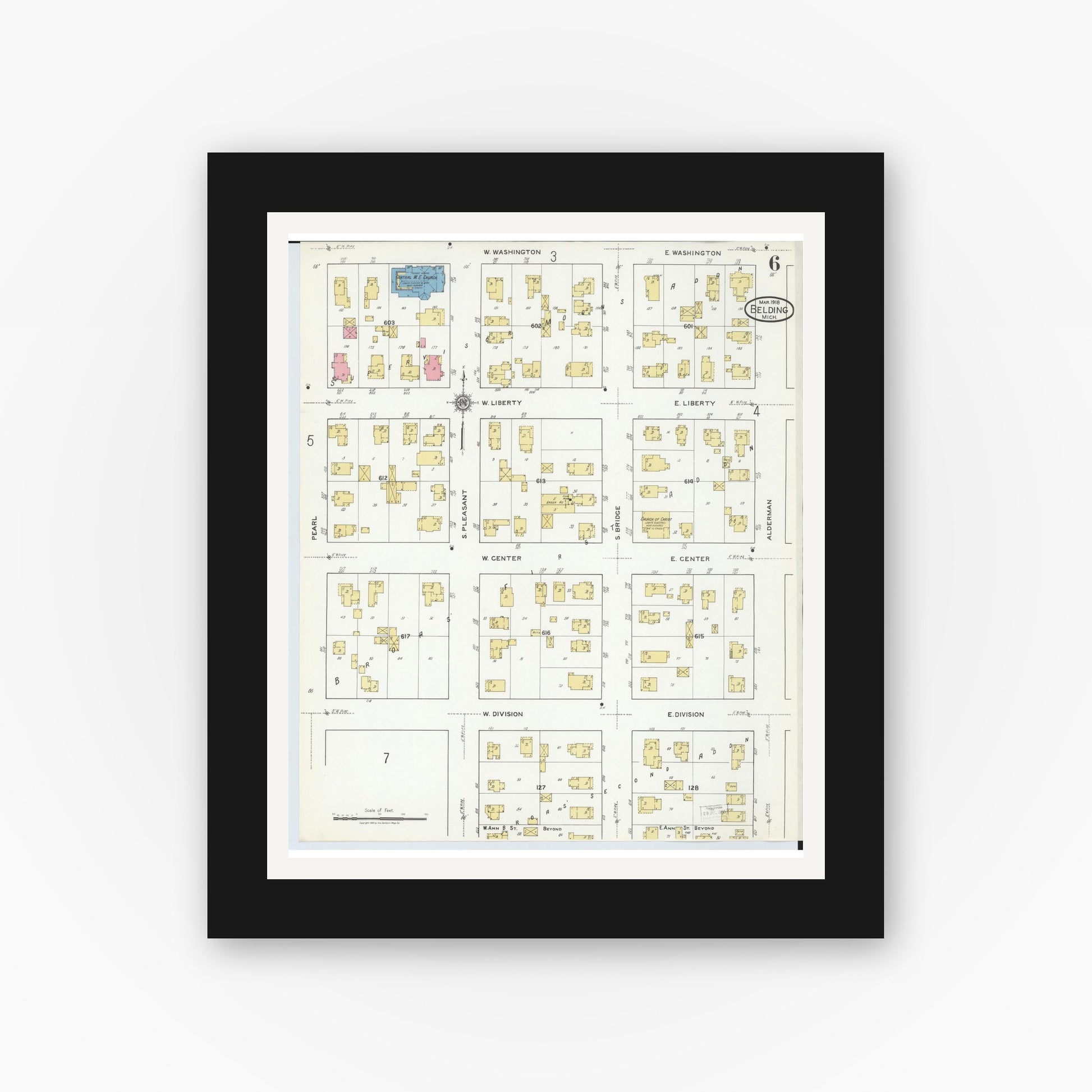 Old map wall art mockup — black gallery frame with white mat — Sanborn Fire Insurance Map from Belding, Ionia County, Michigan (1918), Sheet #0006