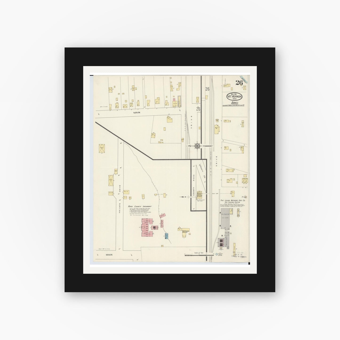 Old map wall art mockup — black gallery frame with white mat — Sanborn Fire Insurance Map from Mount Vernon, Knox County, Ohio (1913), Sheet #0026