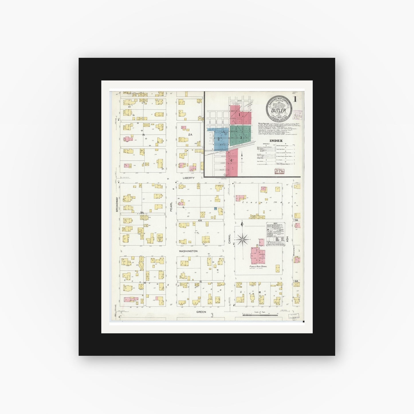 Old map wall art mockup — black gallery frame with white mat — Sanborn Fire Insurance Map from Butler, De Kalb County, Indiana (1907) - Complete Map Set