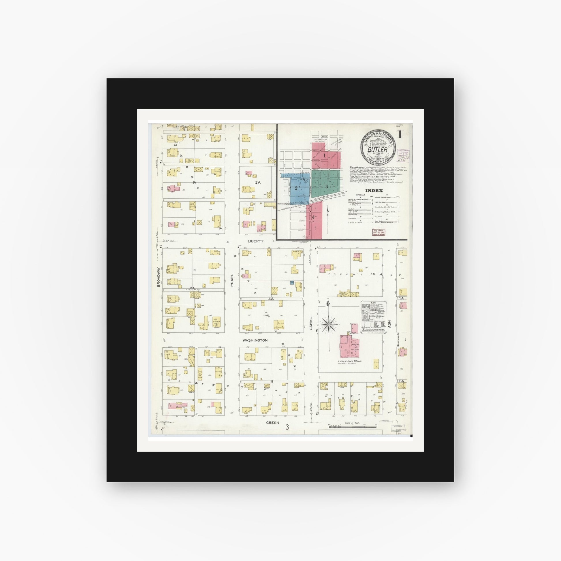 Old map wall art mockup — black gallery frame with white mat — Sanborn Fire Insurance Map from Butler, De Kalb County, Indiana (1907) - Complete Map Set