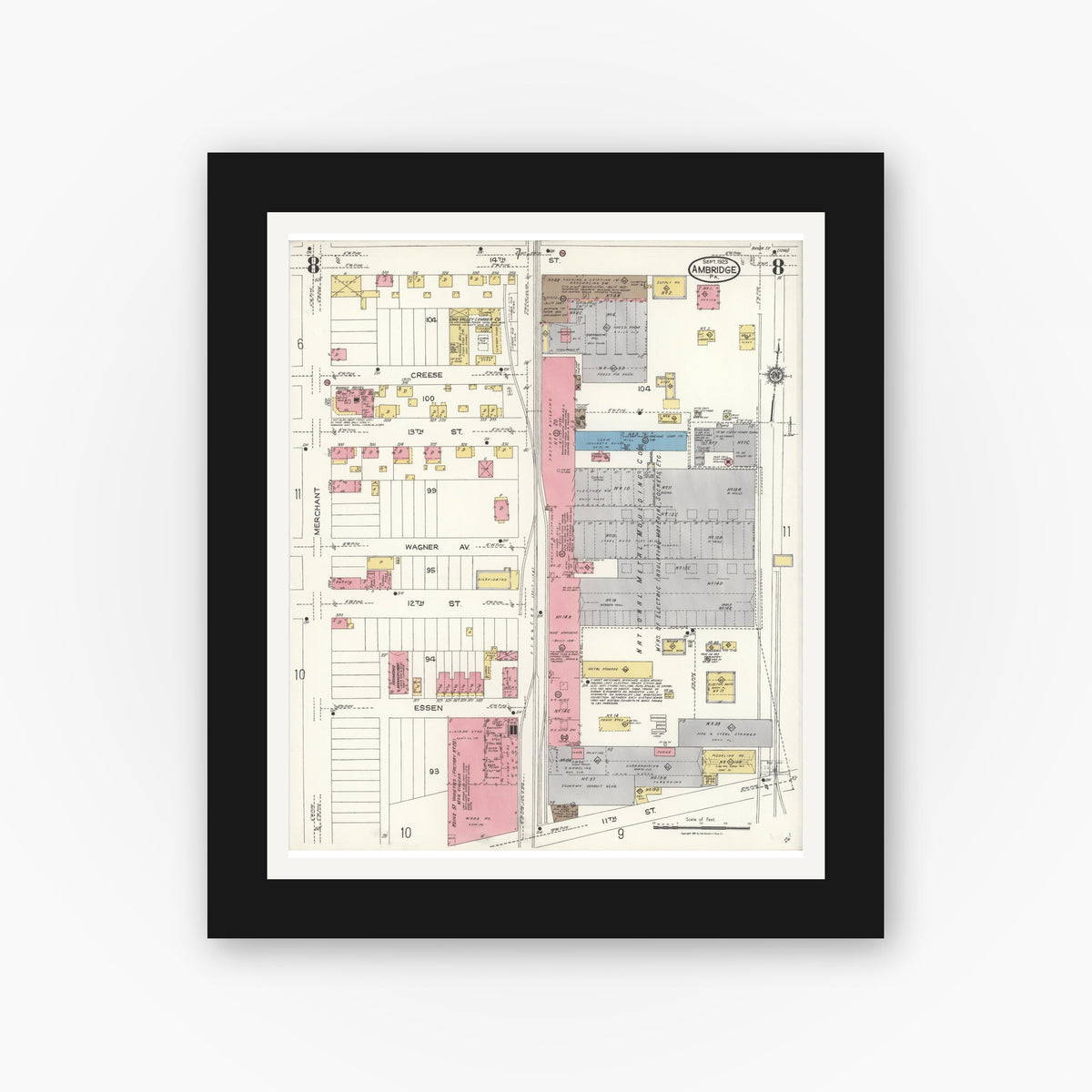 Old map wall art mockup — black gallery frame with white mat — Sanborn Fire Insurance Map from Ambridge, Beaver County, Pennsylvania (1923), Sheet #0008