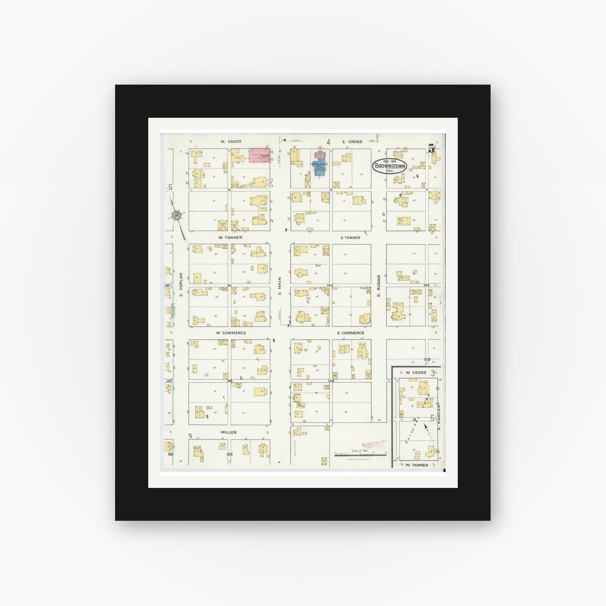 Old map wall art mockup — black gallery frame with white mat — Sanborn Fire Insurance Map from Brownstown, Jackson County, Indiana (1916), Sheet #0005