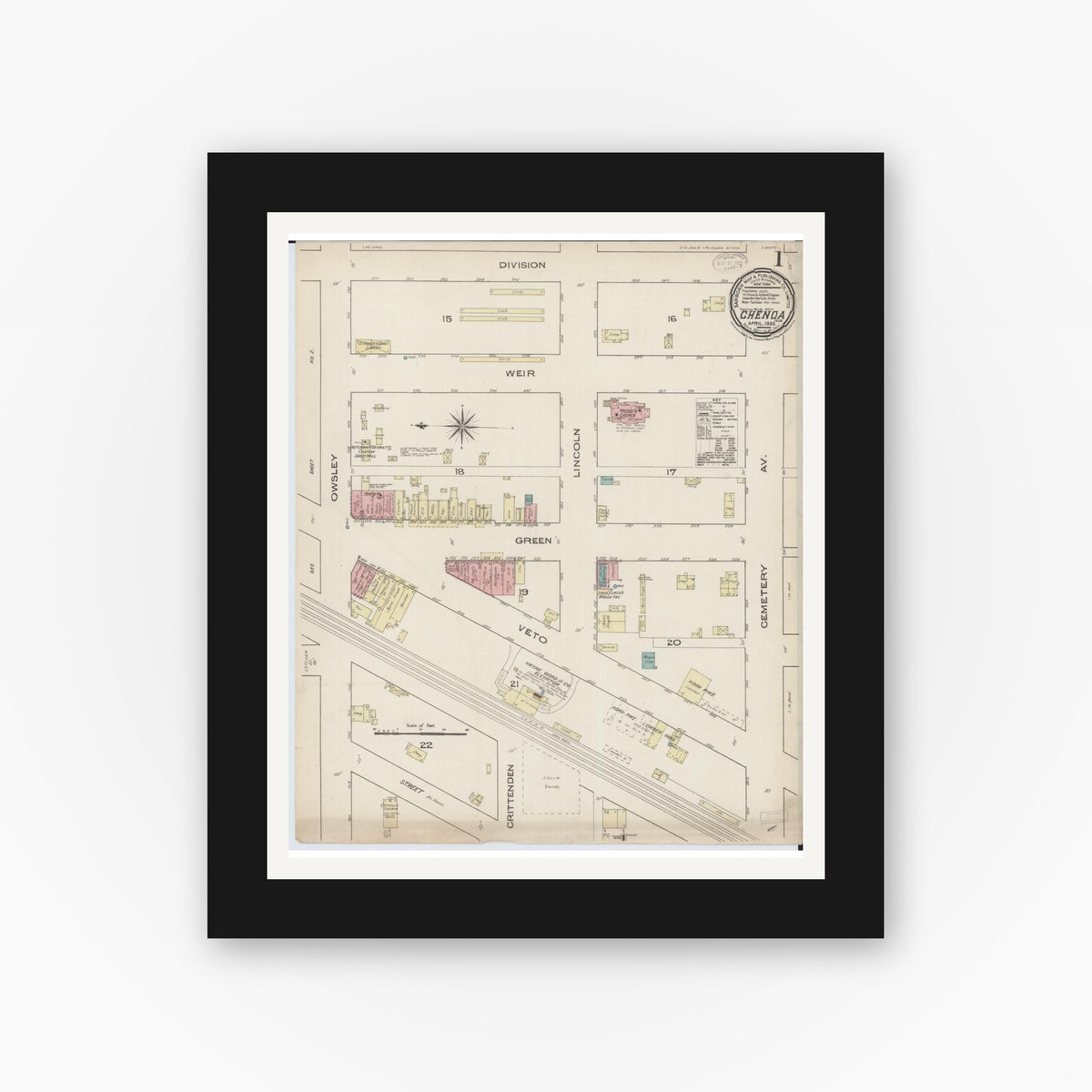 Old map wall art mockup — black gallery frame with white mat — Sanborn Fire Insurance Map from Chenoa, McLean County, Illinois (1885), Sheet #0001