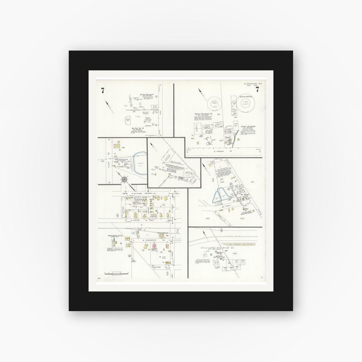 Old map wall art mockup — black gallery frame with white mat — Sanborn Fire Insurance Map from Gladewater, Gregg County, Texas (1934), Sheet #0007