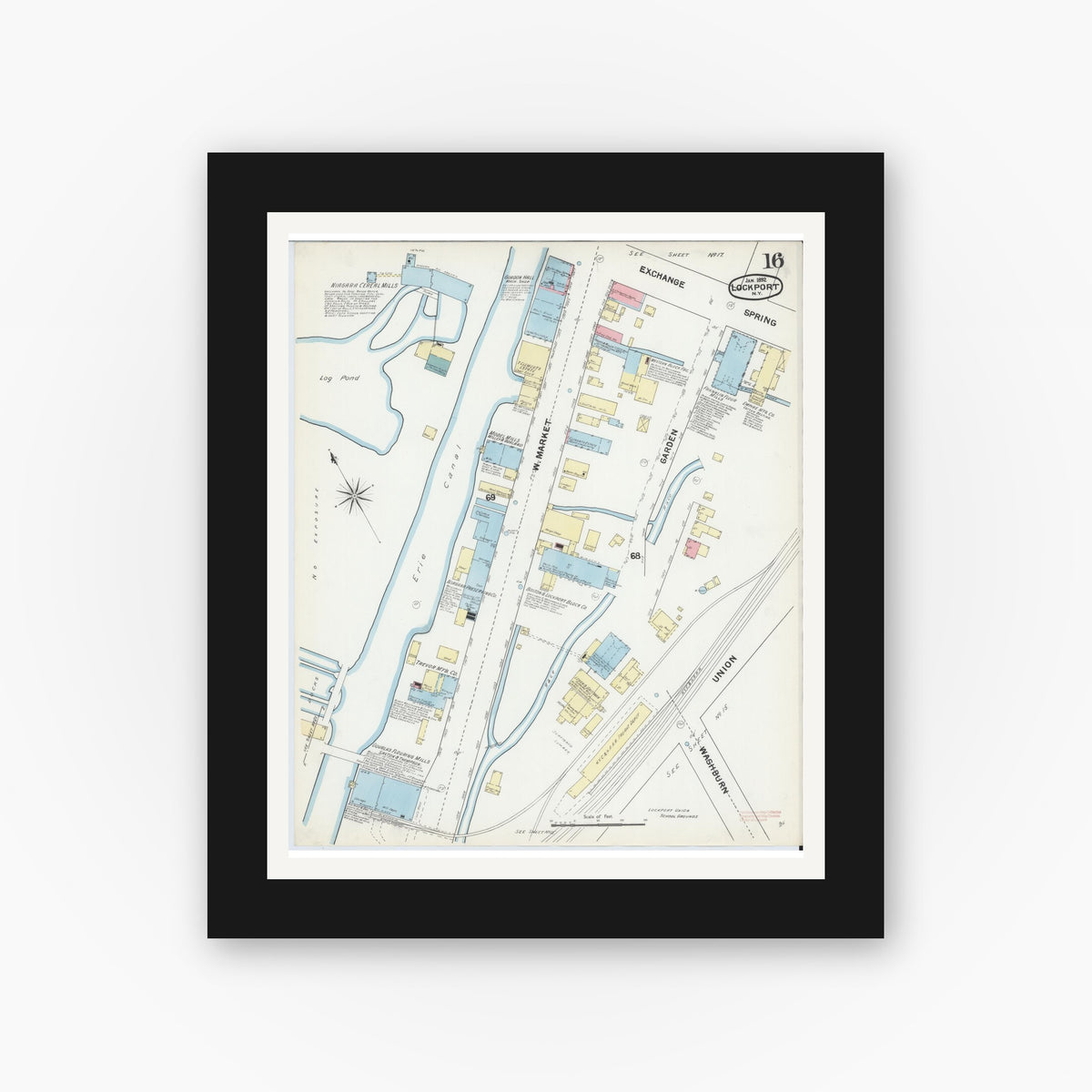 Old map wall art mockup — black gallery frame with white mat — Sanborn Fire Insurance Map from Lockport, Niagara County, New York (1892), Sheet #0016