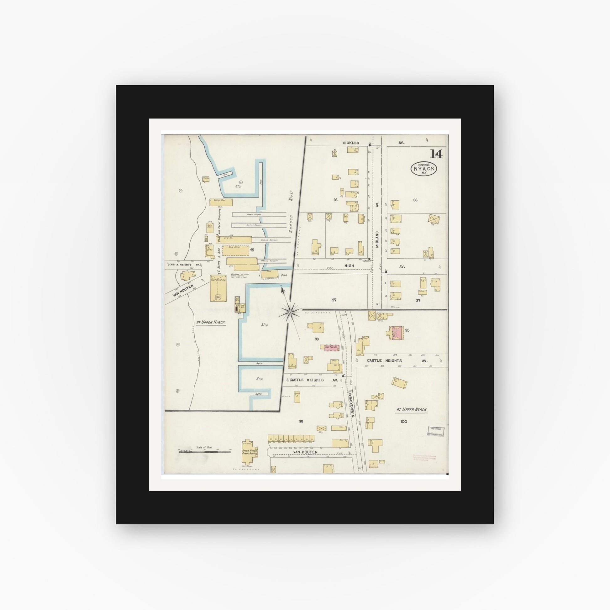 Old map wall art mockup — black gallery frame with white mat — Sanborn Fire Insurance Map from Nyack, Rockland County, New York. (1903), Sheet #0014