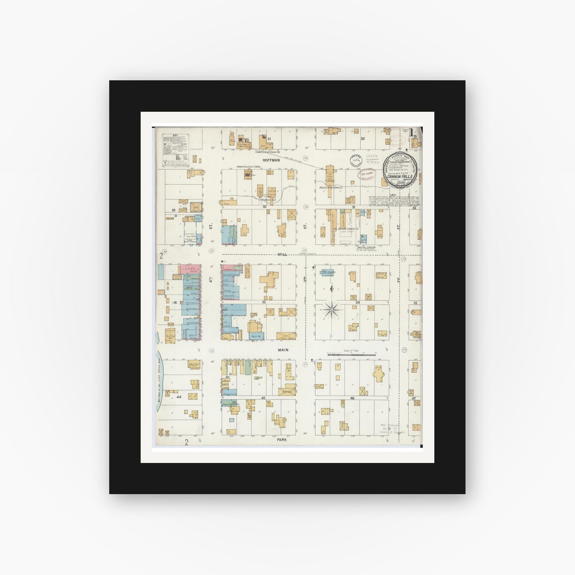 Old map wall art mockup — black gallery frame with white mat — Sanborn Fire Insurance Map from Cannon Falls, Goodhue County, Minnesota (1899), Sheet #0001