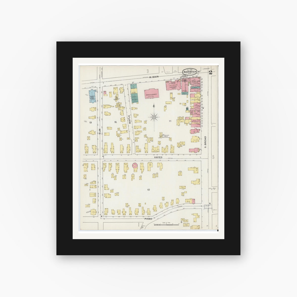 Old map wall art mockup — black gallery frame with white mat — Sanborn Fire Insurance Map from Norwich, Chenango County, New York (1892) - Complete Map Set