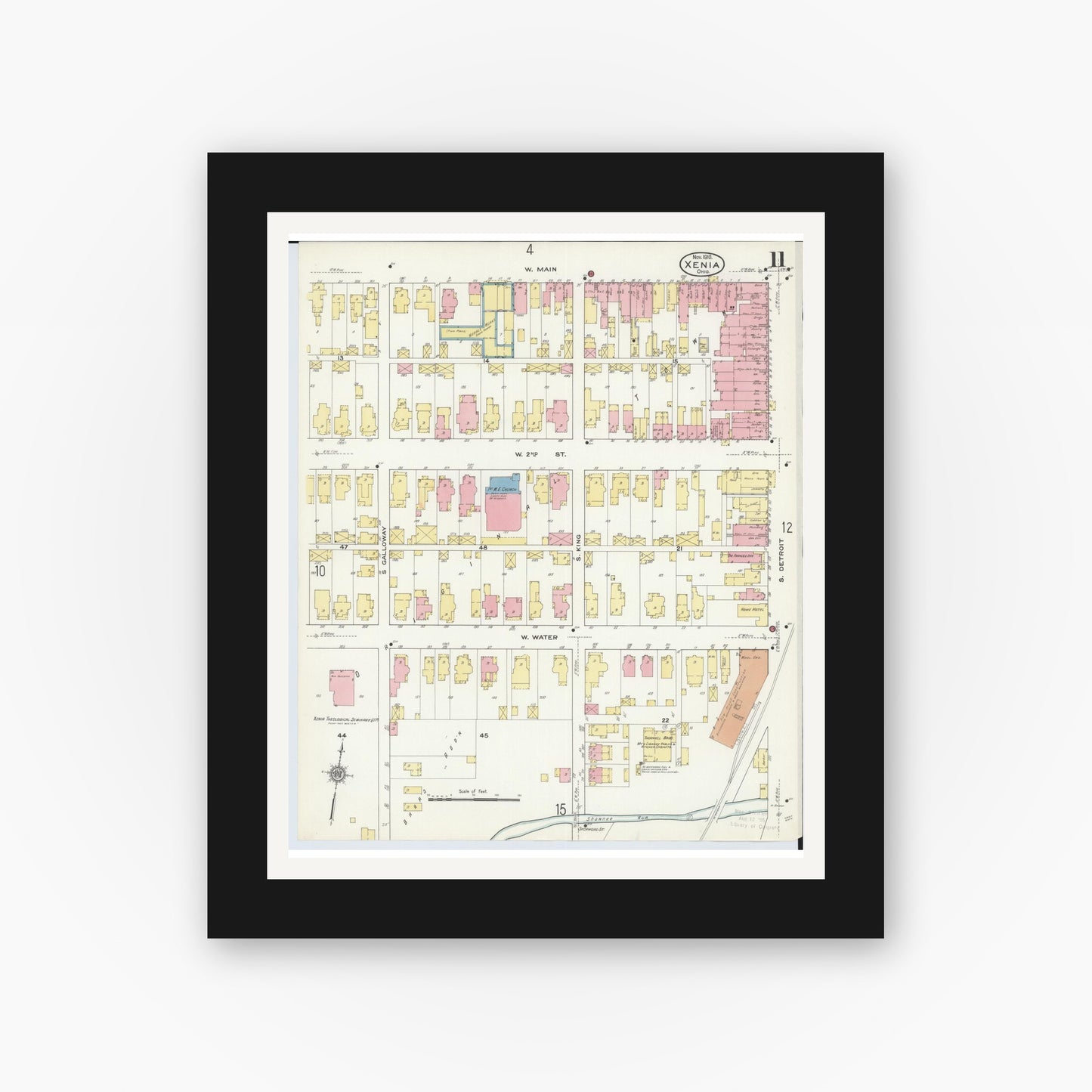 Old map wall art mockup — black gallery frame with white mat — Sanborn Fire Insurance Map from Xenia, Greene County, Ohio (1910), Sheet #0011
