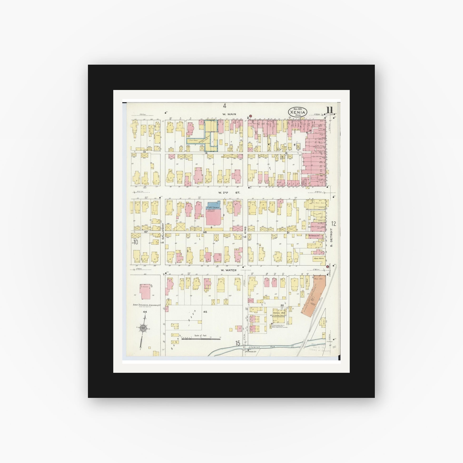 Old map wall art mockup — black gallery frame with white mat — Sanborn Fire Insurance Map from Xenia, Greene County, Ohio (1910), Sheet #0011