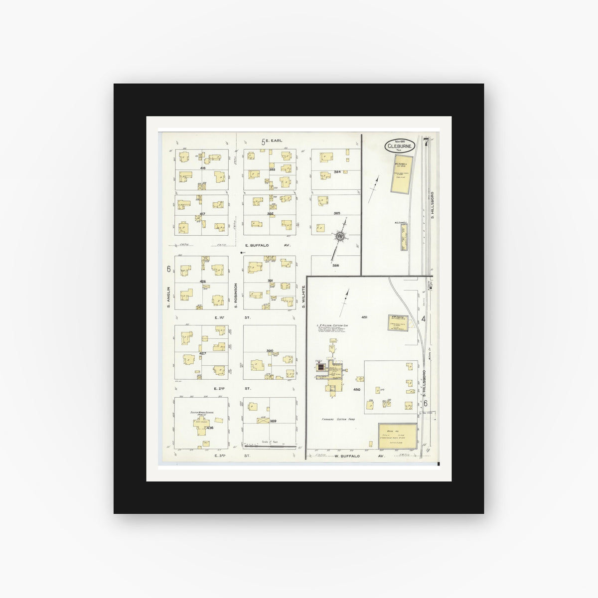 Old map wall art mockup — black gallery frame with white mat — Sanborn Fire Insurance Map from Cleburne, Johnson County, Texas (1910), Sheet #0007