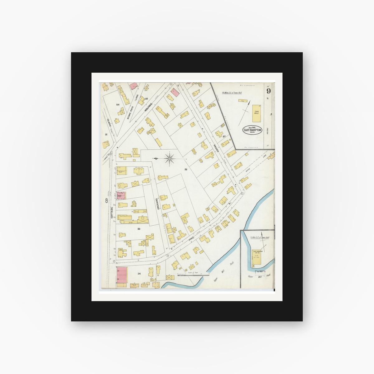 Old map wall art mockup — black gallery frame with white mat — Sanborn Fire Insurance Map from East Hampton, Hampshire County, Massachusetts (1902), Sheet #0009