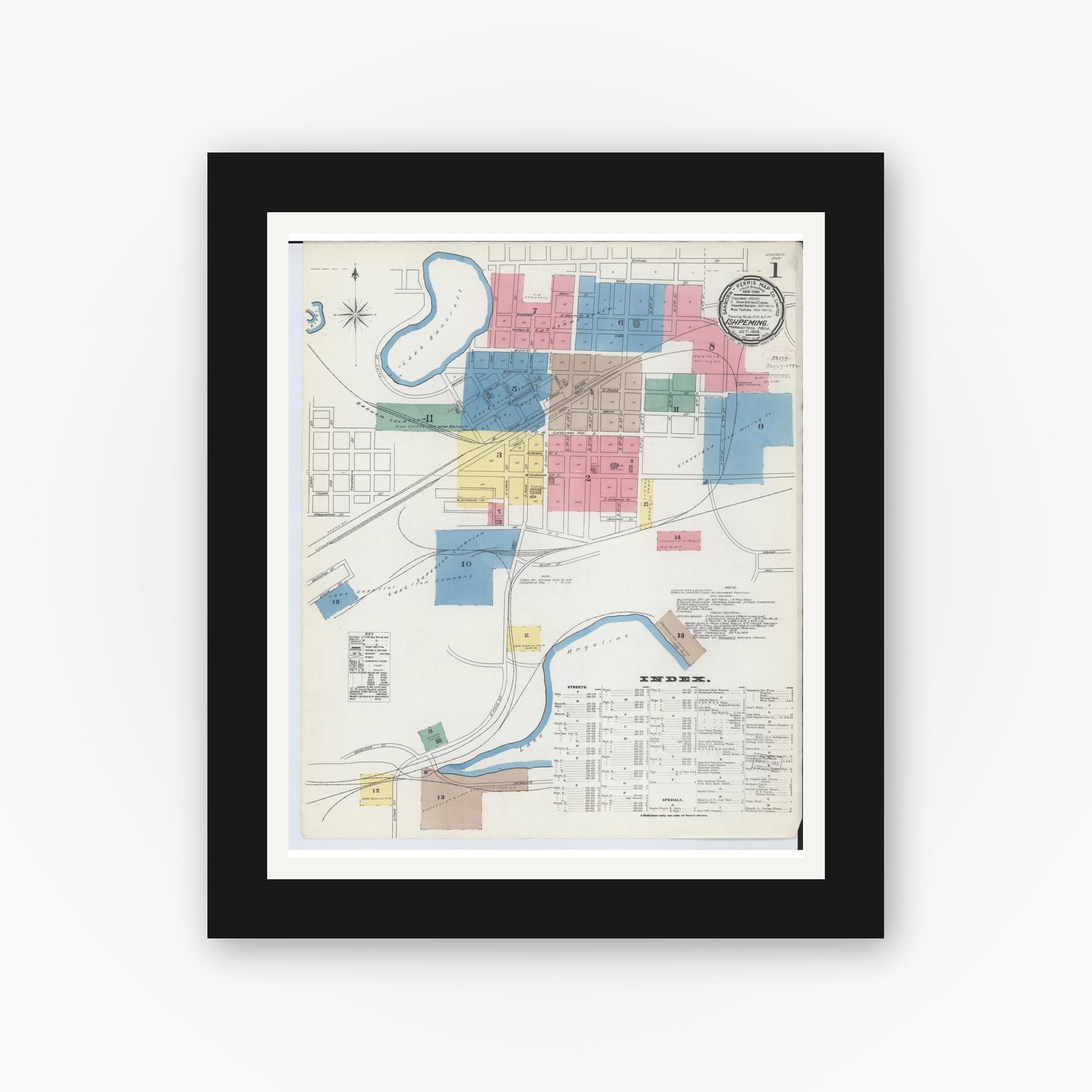 Old map wall art mockup — black gallery frame with white mat — Sanborn Fire Insurance Map from Ishpeming, Marquette County, Michigan (1892) - Complete Map Set