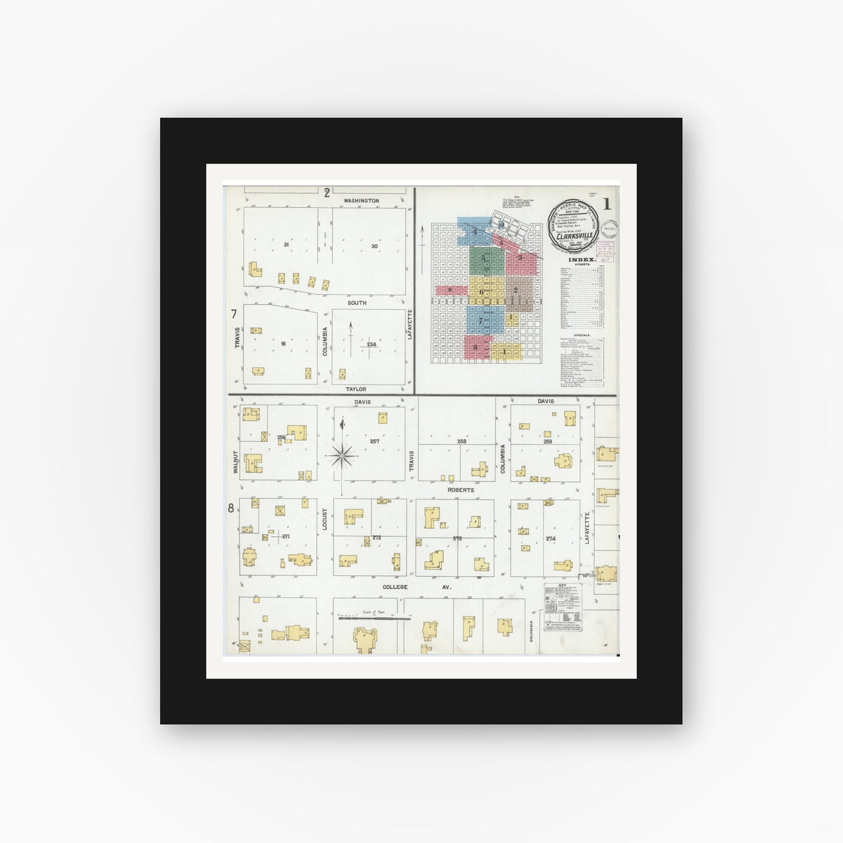 Old map wall art mockup — black gallery frame with white mat — Sanborn Fire Insurance Map from Clarksville, Red River County, Texas (1901) - Complete Map Set