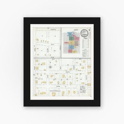 Old map wall art mockup — black gallery frame with white mat — Sanborn Fire Insurance Map from Clarksville, Red River County, Texas (1901) - Complete Map Set