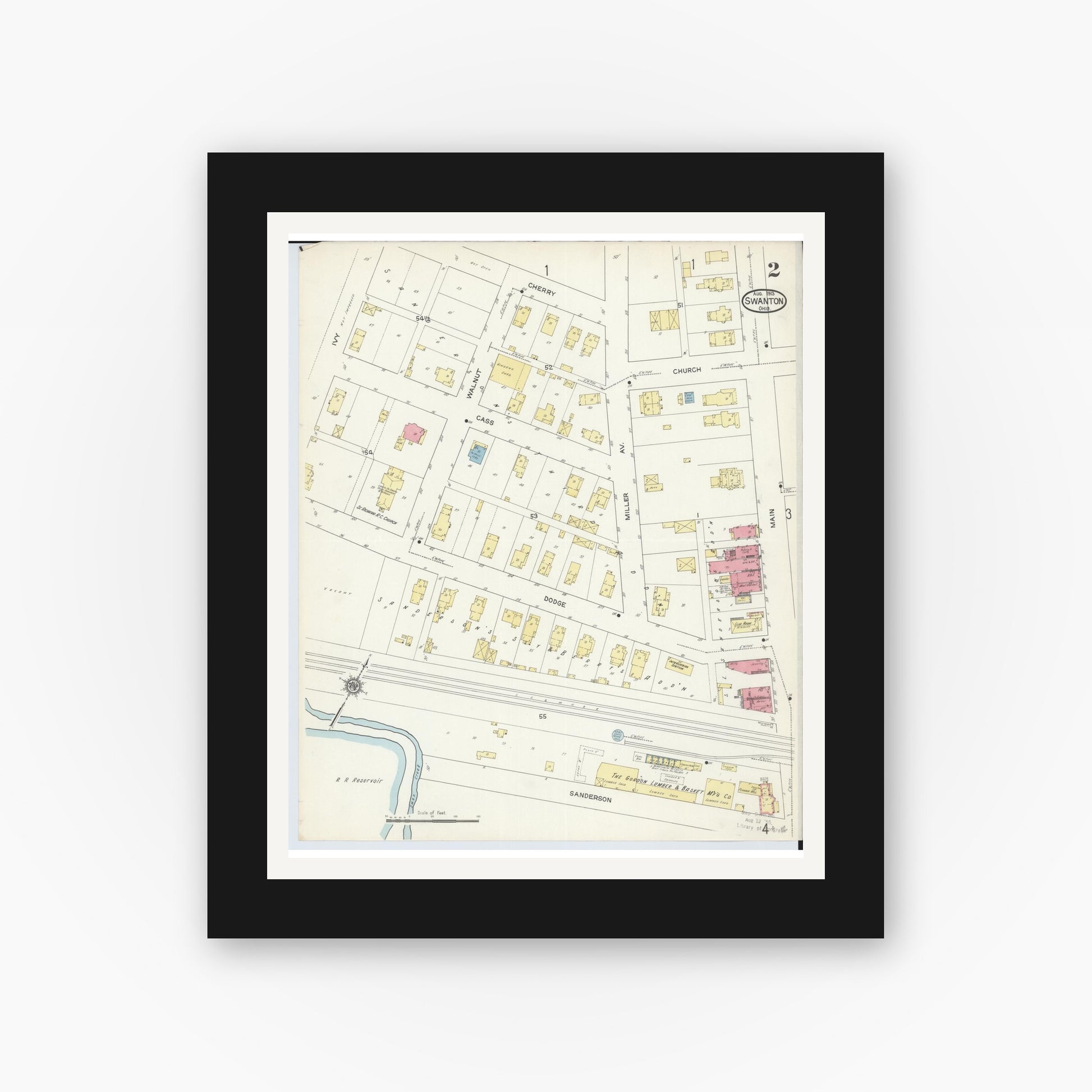 Old map wall art mockup — black gallery frame with white mat — Sanborn Fire Insurance Map from Swanton, Fulton County, Ohio (1913), Sheet #0002