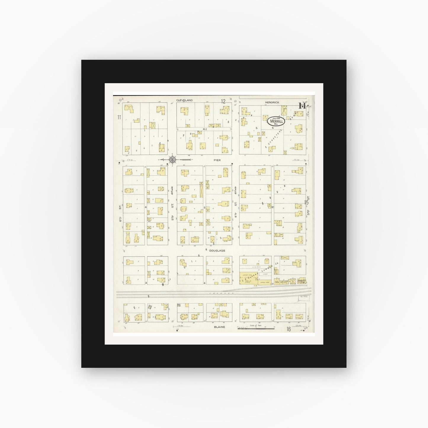 Old map wall art mockup — black gallery frame with white mat — Sanborn Fire Insurance Map from Merrill, Lincoln County, Wisconsin (1913), Sheet #0014