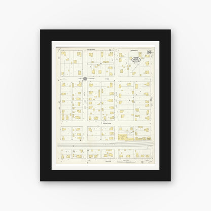 Old map wall art mockup — black gallery frame with white mat — Sanborn Fire Insurance Map from Merrill, Lincoln County, Wisconsin (1913), Sheet #0014