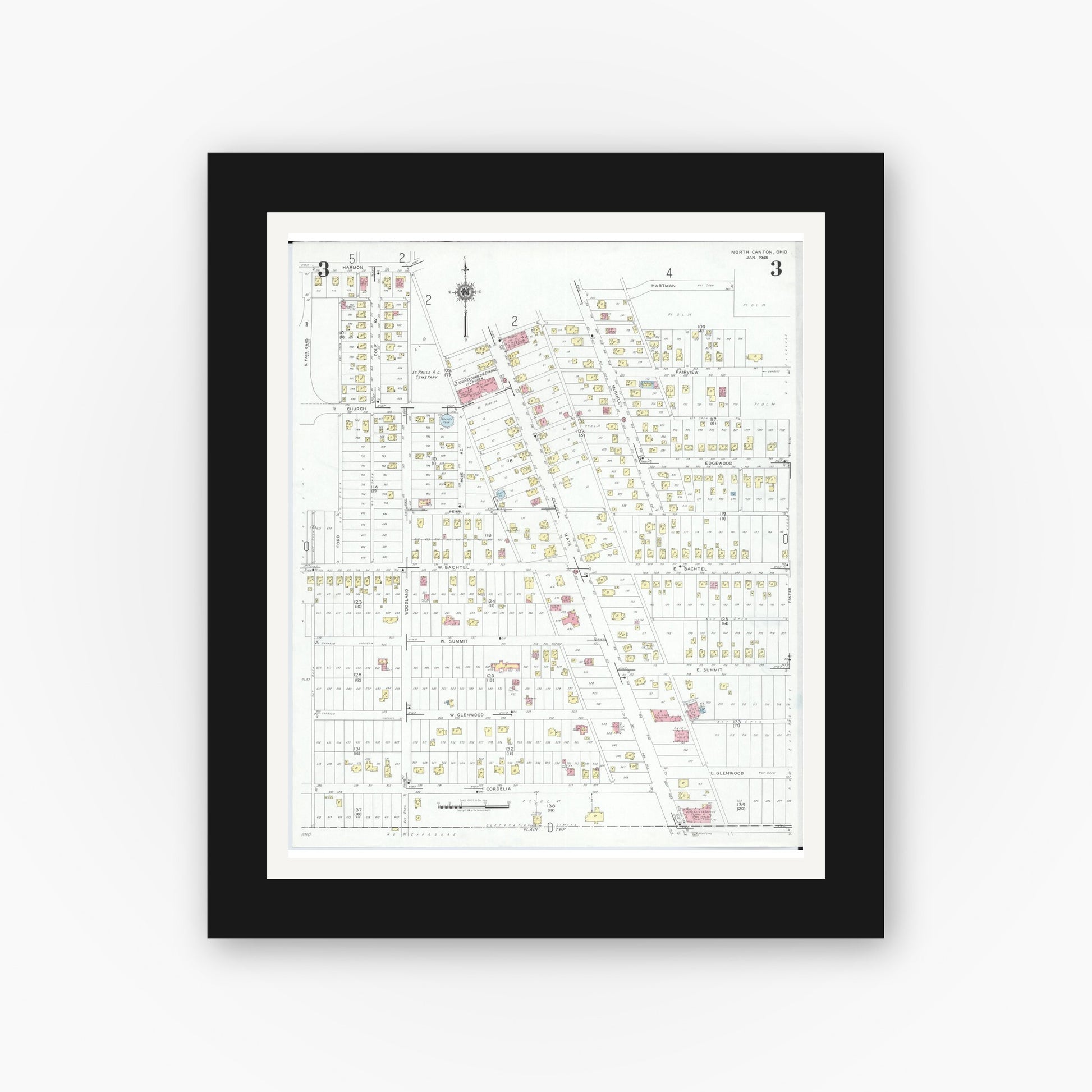 Old map wall art mockup — black gallery frame with white mat — Sanborn Fire Insurance Map from North Canton, Stark County, Ohio (1948), Sheet #0003