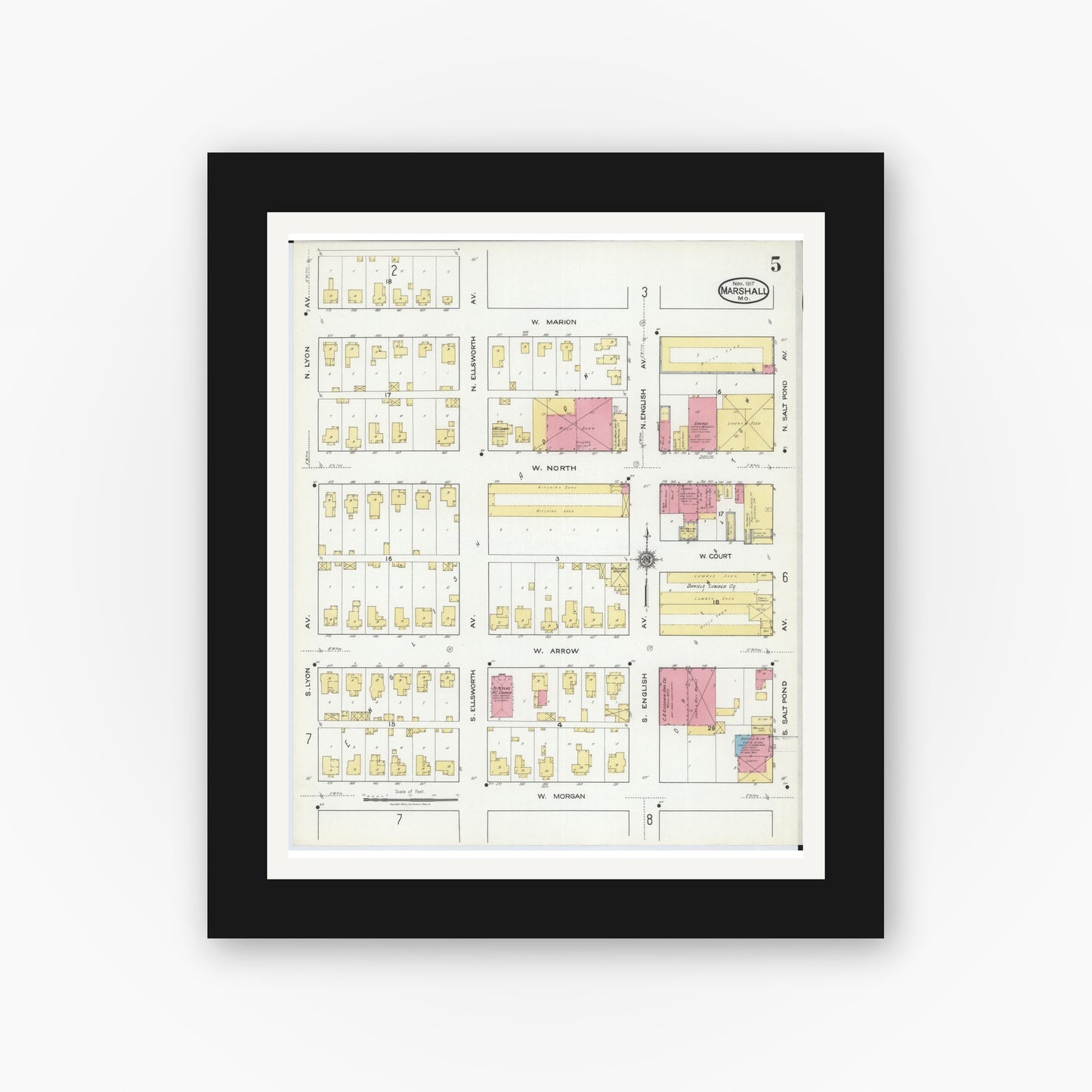 Old map wall art mockup — black gallery frame with white mat — Sanborn Fire Insurance Map from Marshall, Saline County, Missouri (1917), Sheet #0005