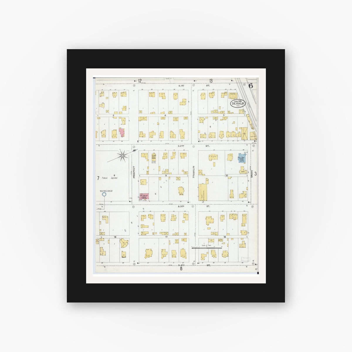 Old map wall art mockup — black gallery frame with white mat — Sanborn Fire Insurance Map from De Kalb, De Kalb County, Illinois (1905), Sheet #0006