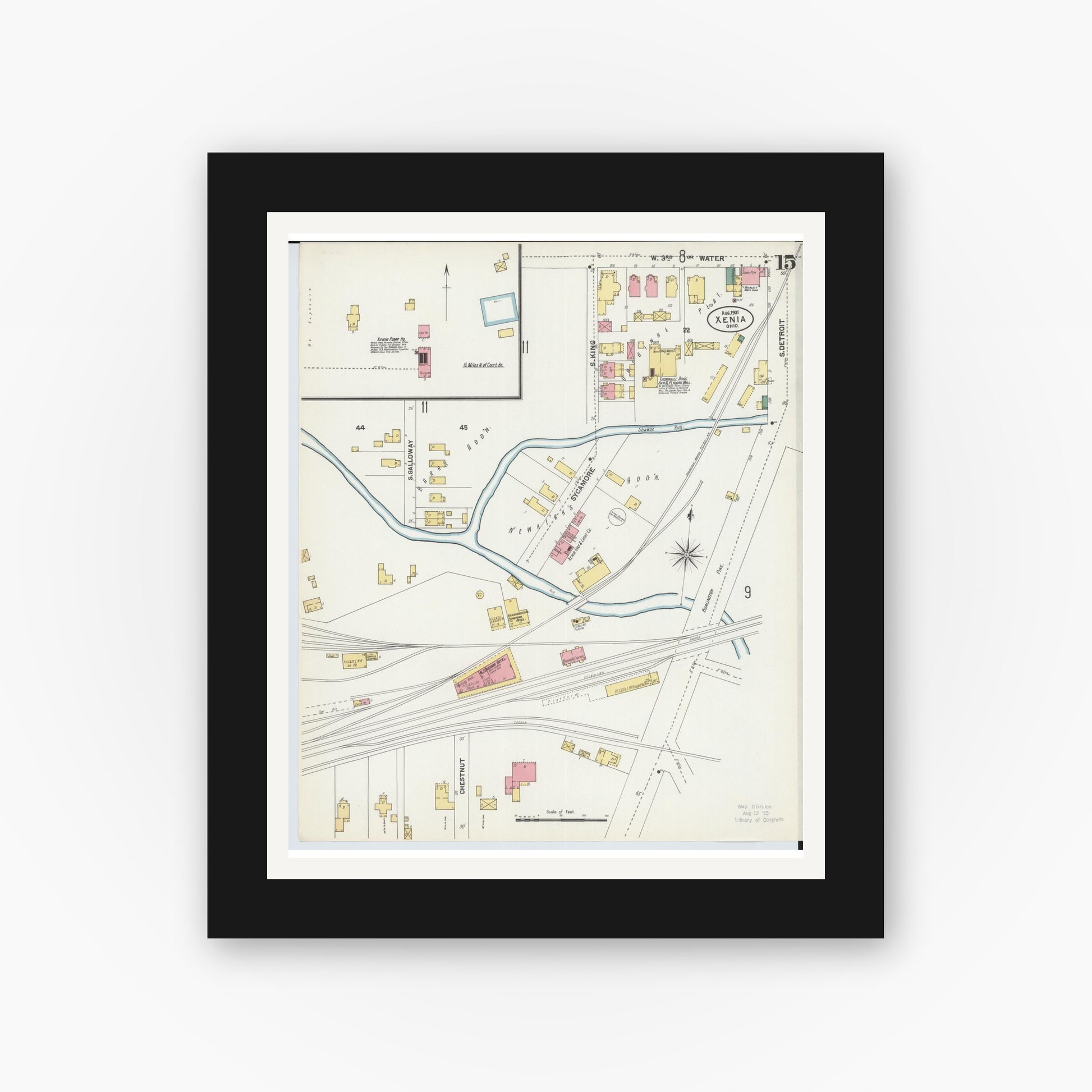 Old map wall art mockup — black gallery frame with white mat — Sanborn Fire Insurance Map from Xenia, Greene County, Ohio (1901), Sheet #0015