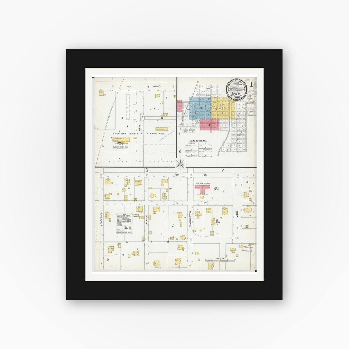 Old map wall art mockup — black gallery frame with white mat — Sanborn Fire Insurance Map from Salem, Dent County, Missouri (1900), Sheet #0001