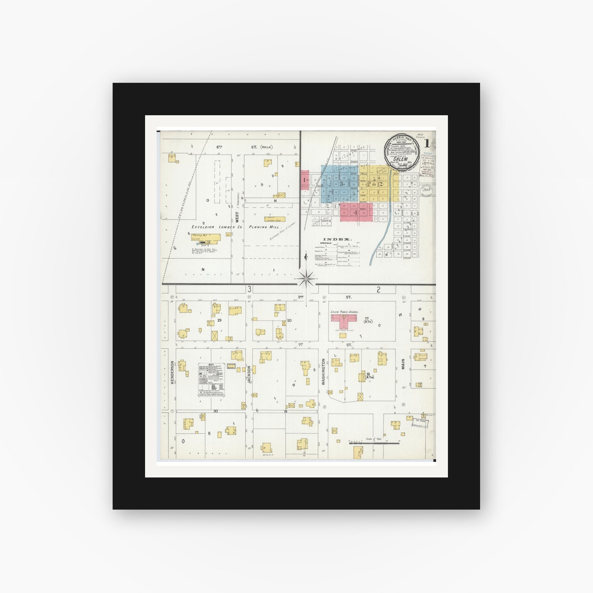 Old map wall art mockup — black gallery frame with white mat — Sanborn Fire Insurance Map from Salem, Dent County, Missouri (1900), Sheet #0001