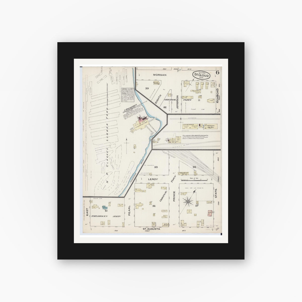 Old map wall art mockup — black gallery frame with white mat — Sanborn Fire Insurance Map from Saint Cloud, Stearns, Benton, and Sherburne Counties, Minnesota (1884), Sheet #0006