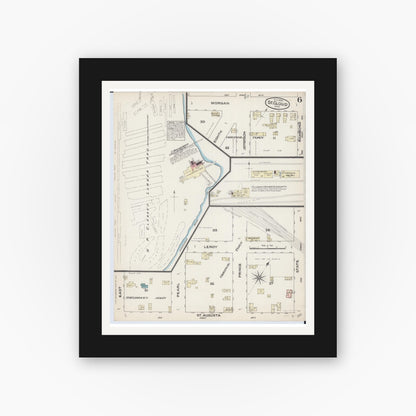 Old map wall art mockup — black gallery frame with white mat — Sanborn Fire Insurance Map from Saint Cloud, Stearns, Benton, and Sherburne Counties, Minnesota (1884), Sheet #0006
