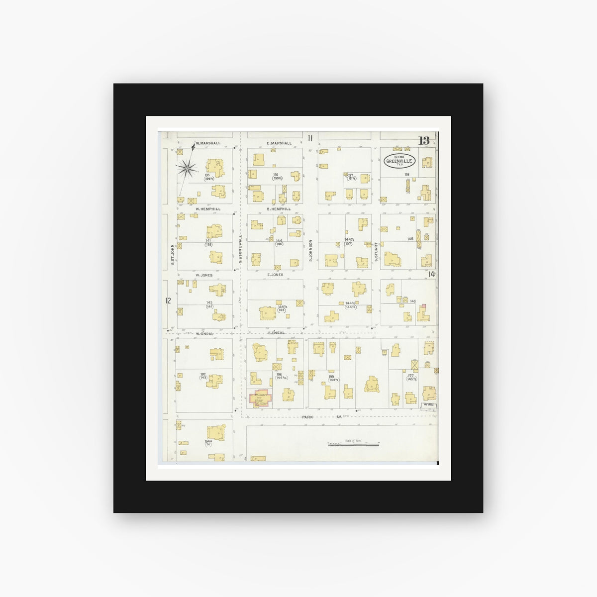 Old map wall art mockup — black gallery frame with white mat — Sanborn Fire Insurance Map from Greenville, Hunt County, Texas (1903), Sheet #0013